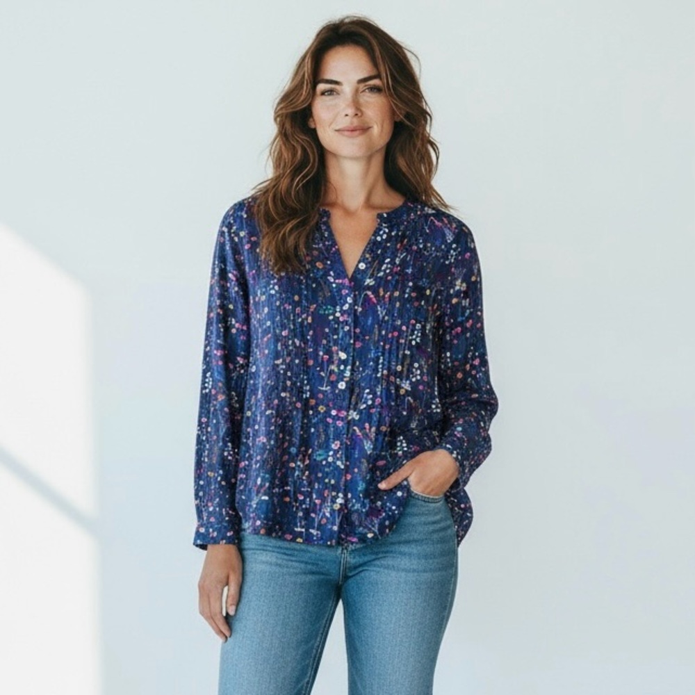 Jane and Delancey Navy Floral Button-Front Blouse